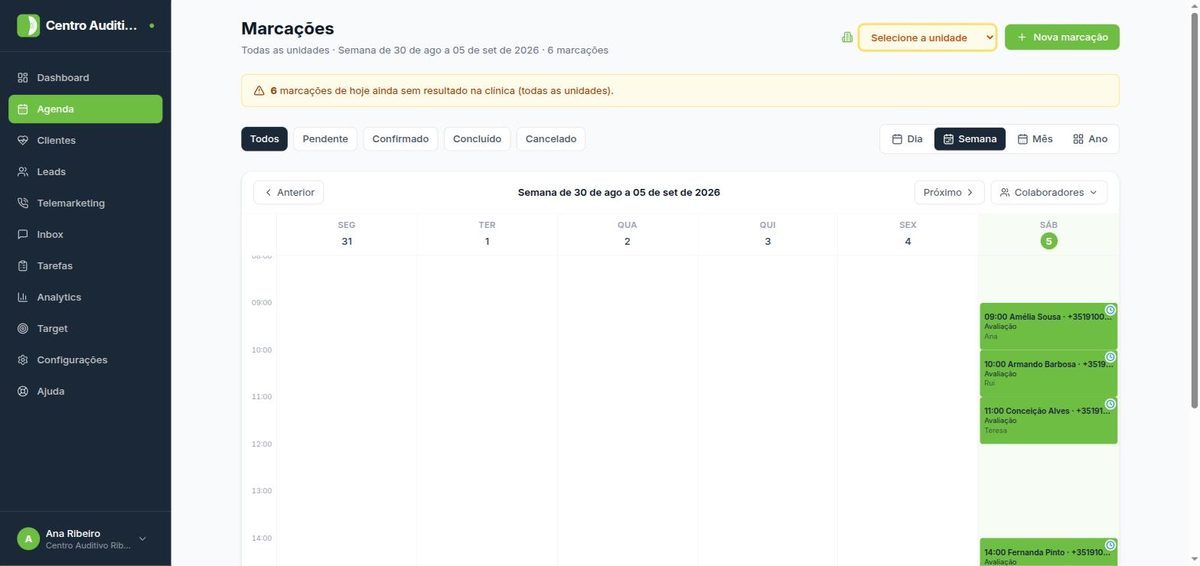Agenda semanal com marcações por profissional, horas e unidade